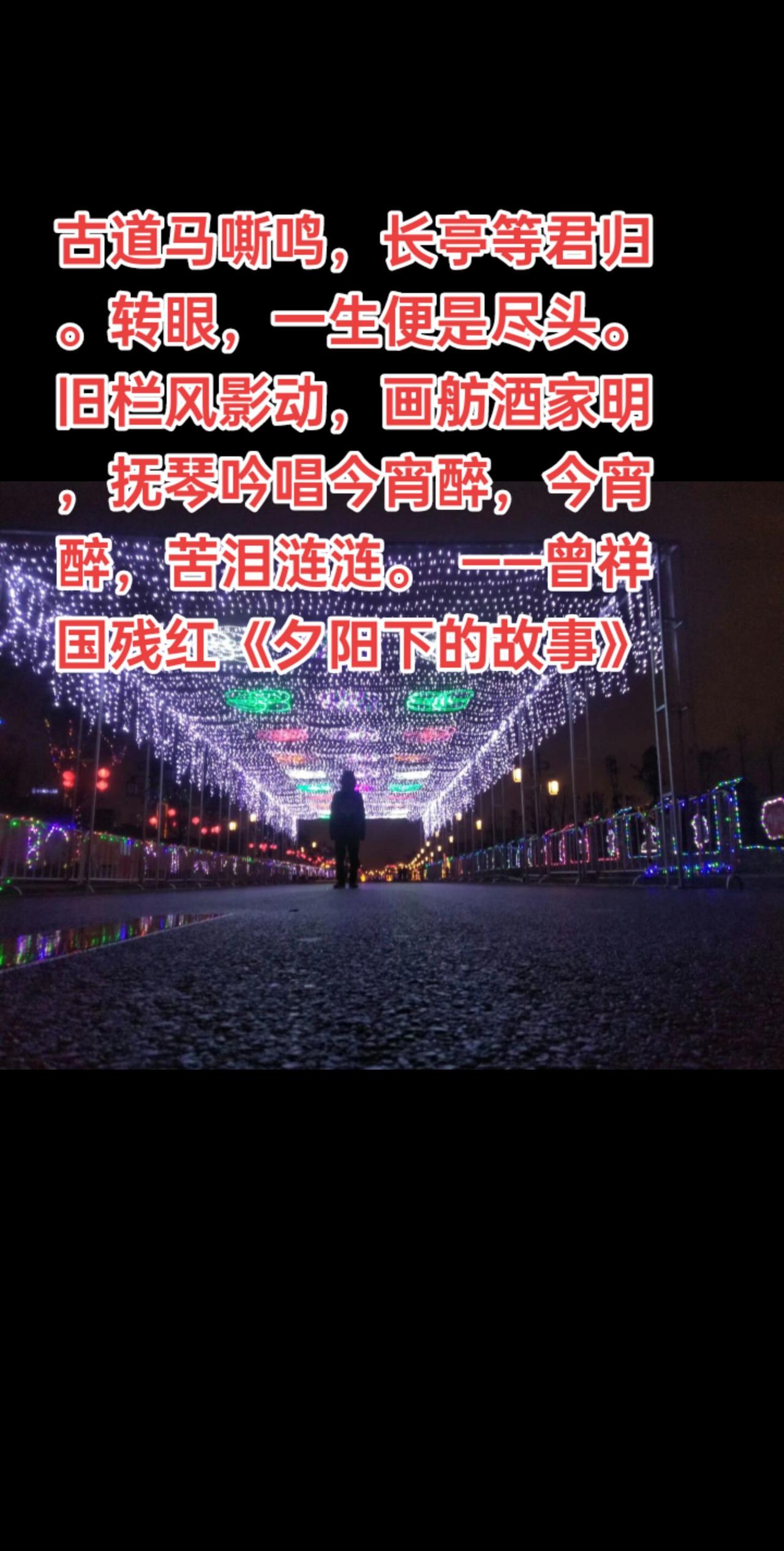 古道马嘶鸣，长亭等君归。转眼，一生便是尽头。旧栏风影动，画舫酒家明，抚琴吟唱今宵