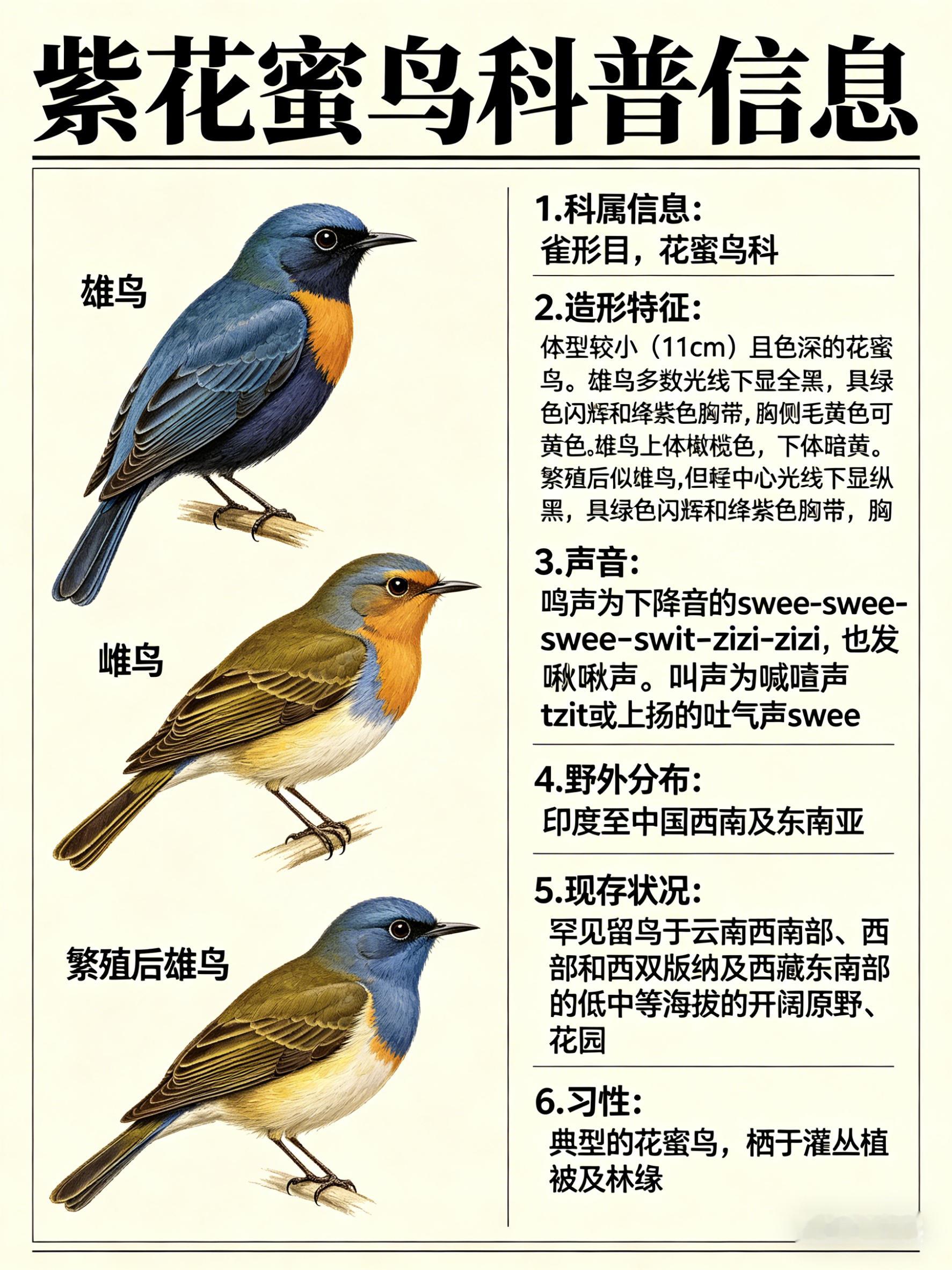鸟类朋友图鉴 紫花蜜鸟·科属：雀形目，花蜜鸟科。·外形特征：体型较小（11cm）