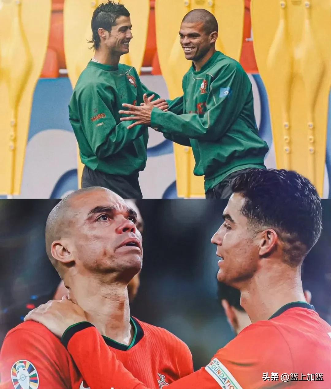 两翼齐飞，一肩挑。足球是圆的，我们的故事也是。
39岁的C罗，41岁的佩佩，当C