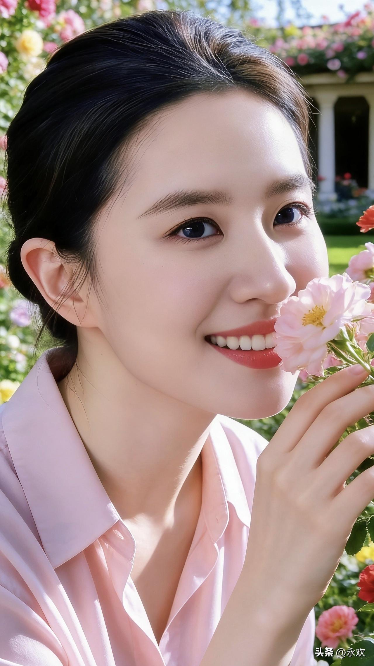 浅粉衬衫裹着温柔的日光，她低头凑近那朵盛放的花，笑容比花瓣更柔软。风穿过花篱，把