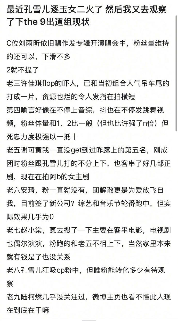 因为孔雪儿通过《逐玉》热度增加，有网友又回顾了一下当初通过The9成团出道的九位
