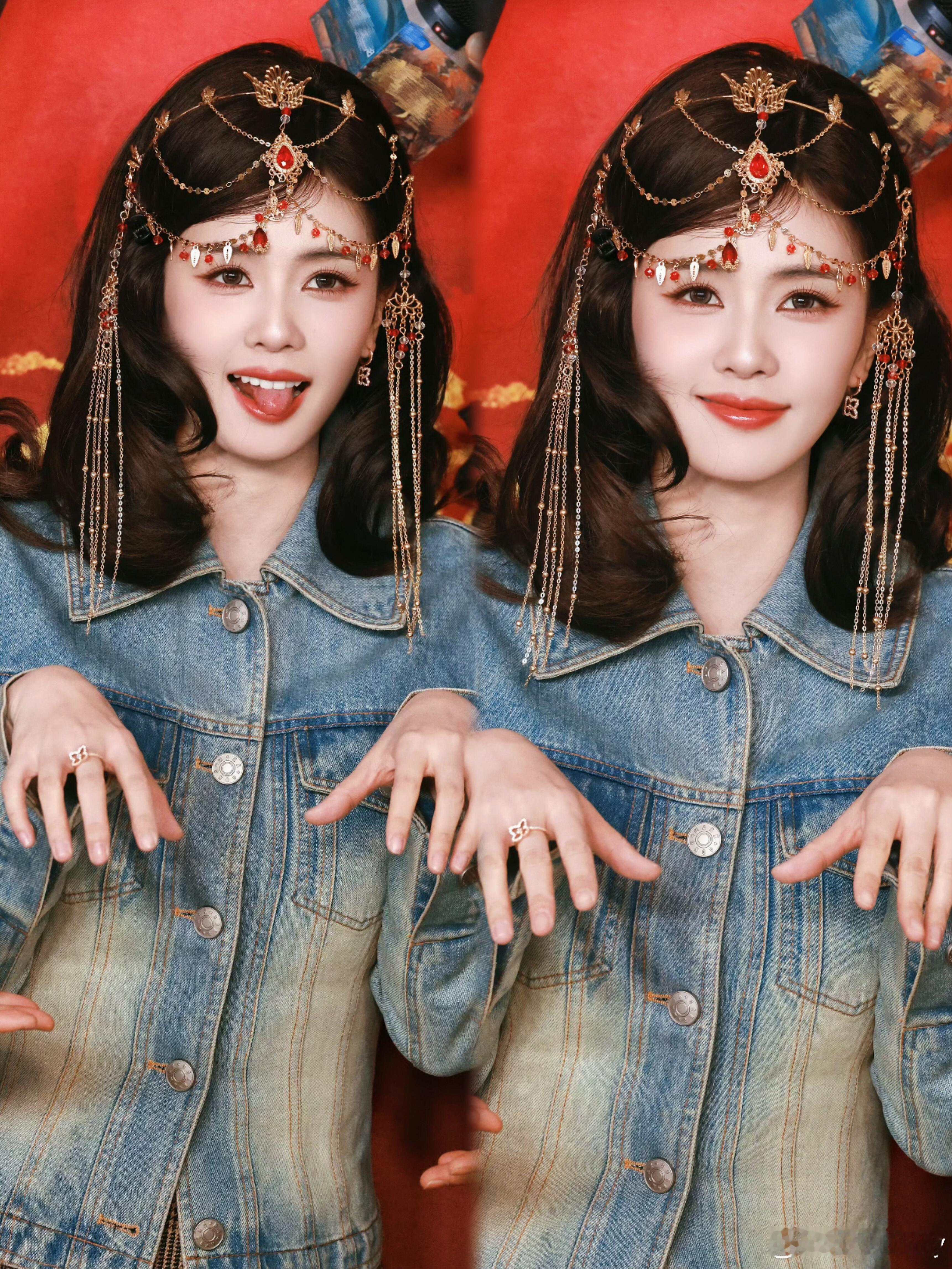 白鹿《唐宫奇案》扫楼造型白鹿这波扫楼造型真的太美了！复古做旧牛仔外套搭格纹百褶裙