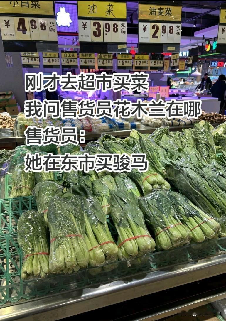 大学生回家了，刚才去超市买菜，问售货员花木兰在哪，售货员：她在东市买骏马！
昆仑