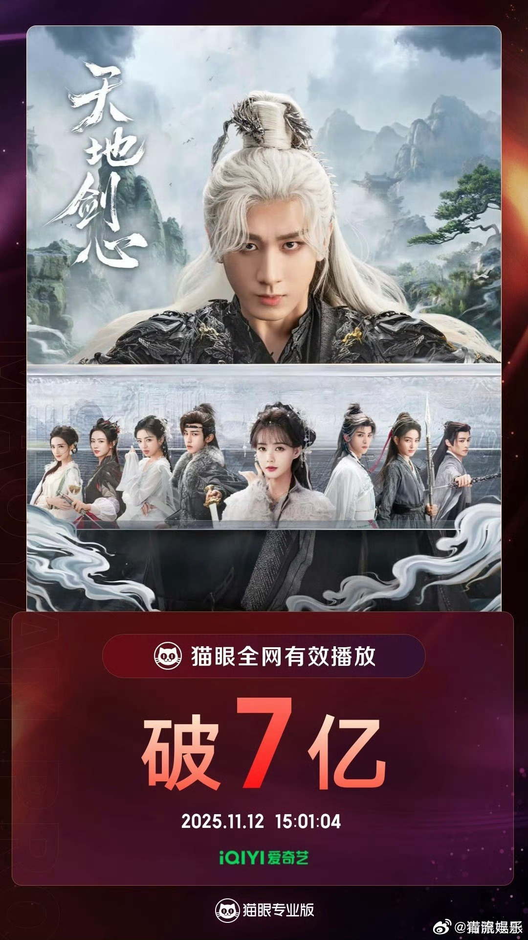 据猫眼专业版数据，  《天地剑心》全网有效播放量破7亿！ 