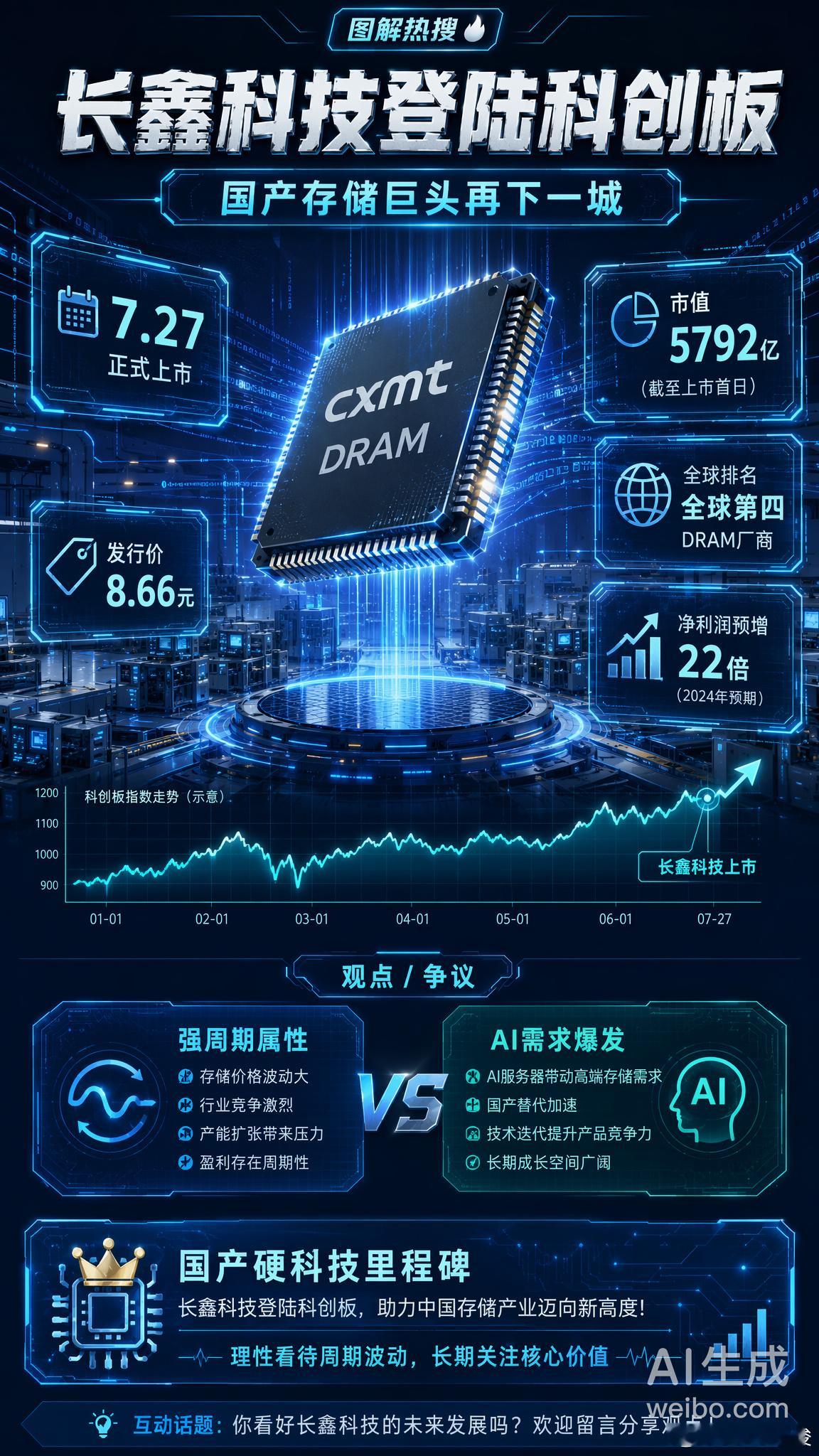 长鑫科技将上市 国产存储芯片巨头长鑫科技定档7月27日（下周一）登陆科创板，股票