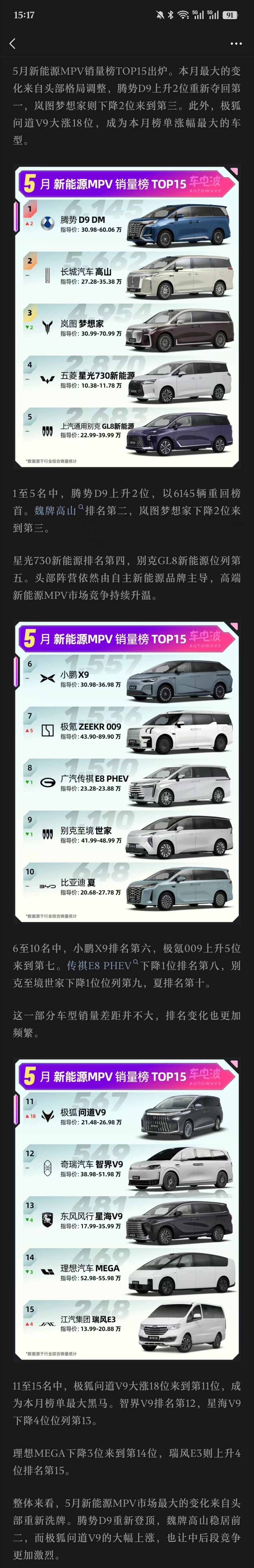 腾势D9重回第一，极狐问道V9暴涨18位！5月新能源MPV销量榜TOP15 