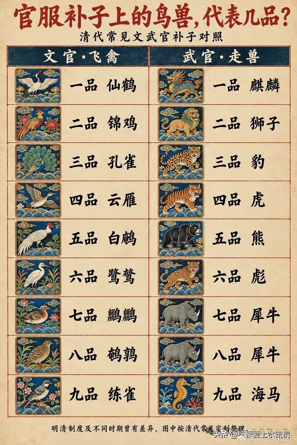 这张图列出了官服上的鸟兽等级（明清时期） ​​​
