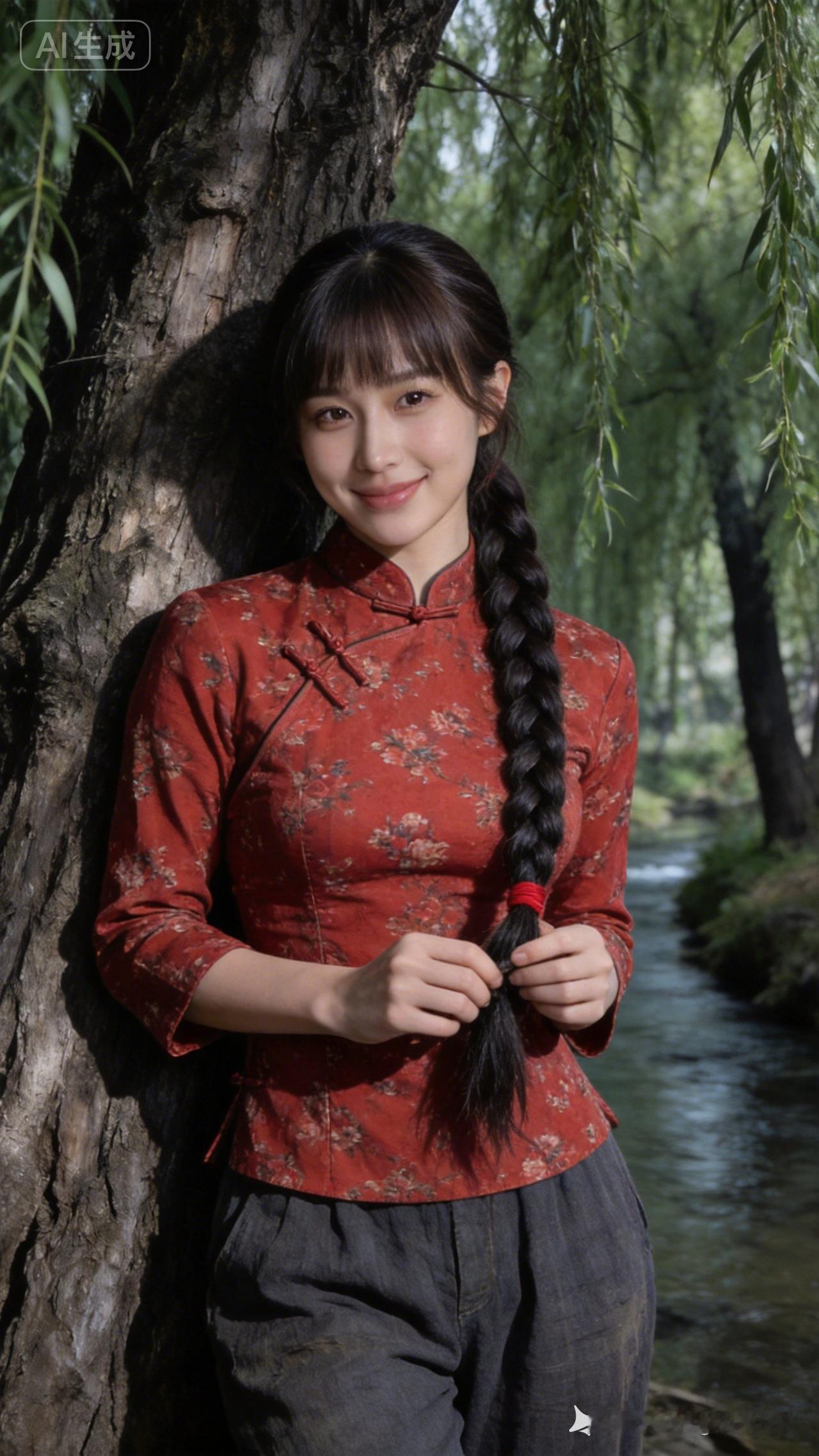 在柳树旁，她微笑着编着辫子，仿佛时光静止。
