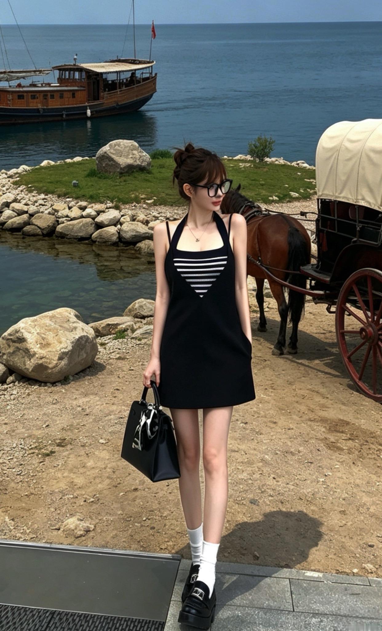 辣妹穿搭 穿搭 度假穿搭 黑色露背吊带裙