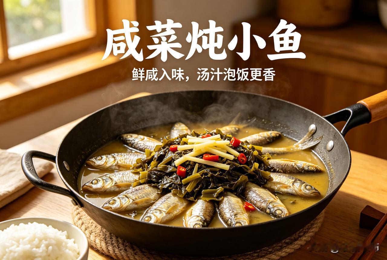 咸菜炖小鱼是地道家常土菜。小鱼处理干净沥干，下锅煎至两面金黄盛出。少许油爆香姜蒜