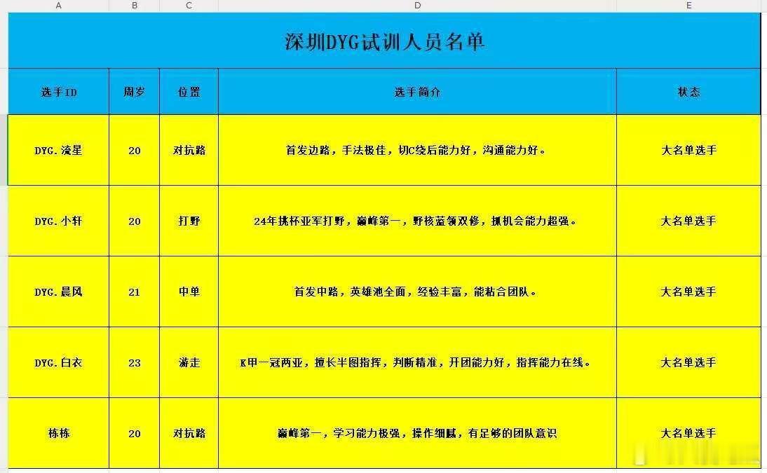 DYG可试训名单 ​​​