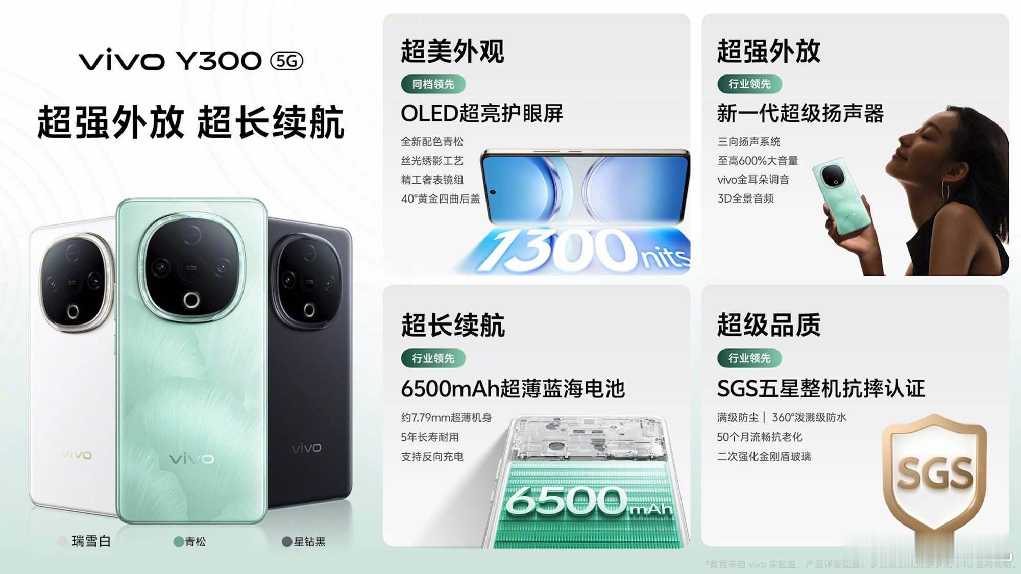 vivo Y300发布会 还挺干脆利落的  简单总结一下：共有「青松」、「瑞雪白