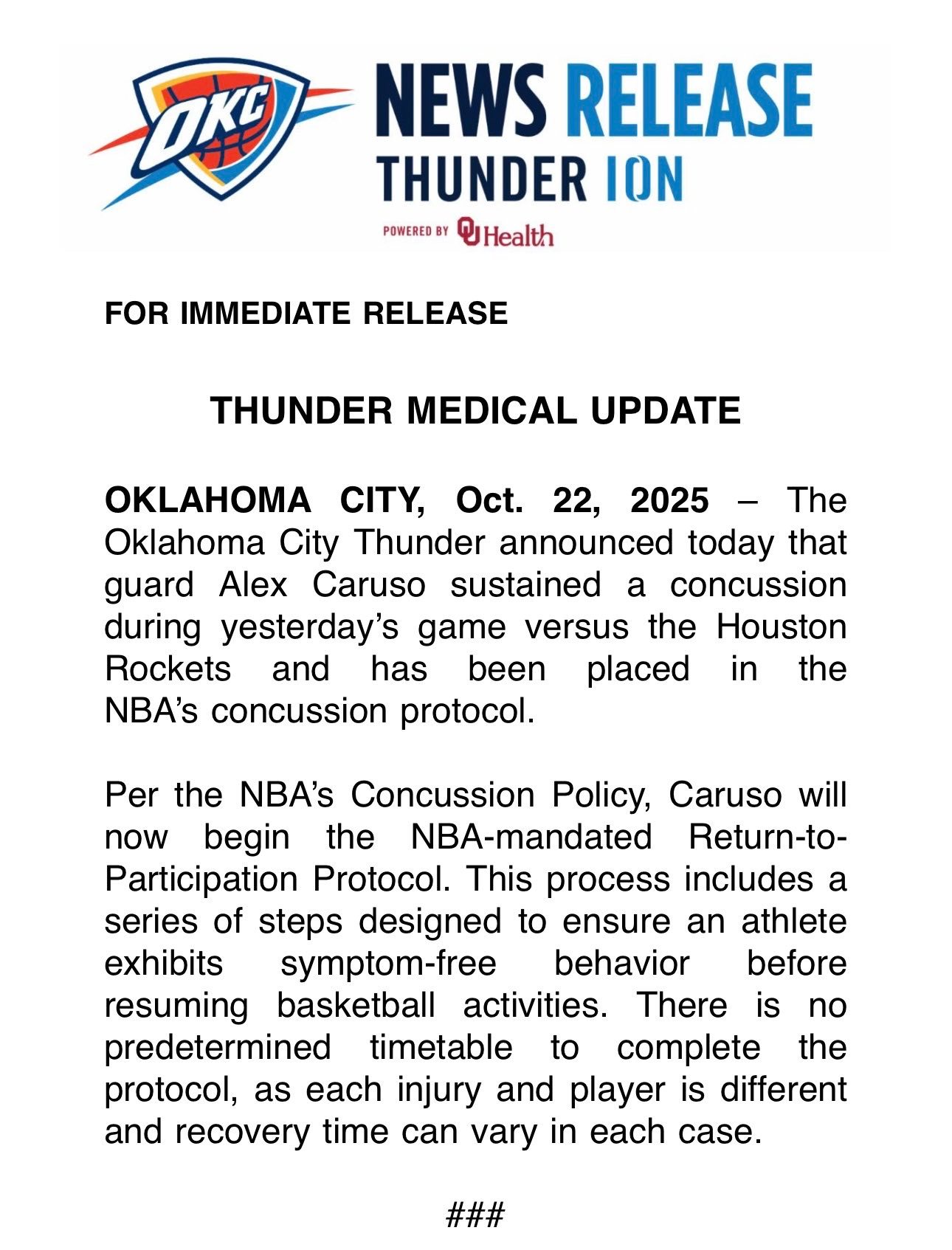 雷霆官方：卡鲁索在昨日比赛中遭遇脑震荡，目前已进入脑震荡保护协议。雷霆双加时战胜