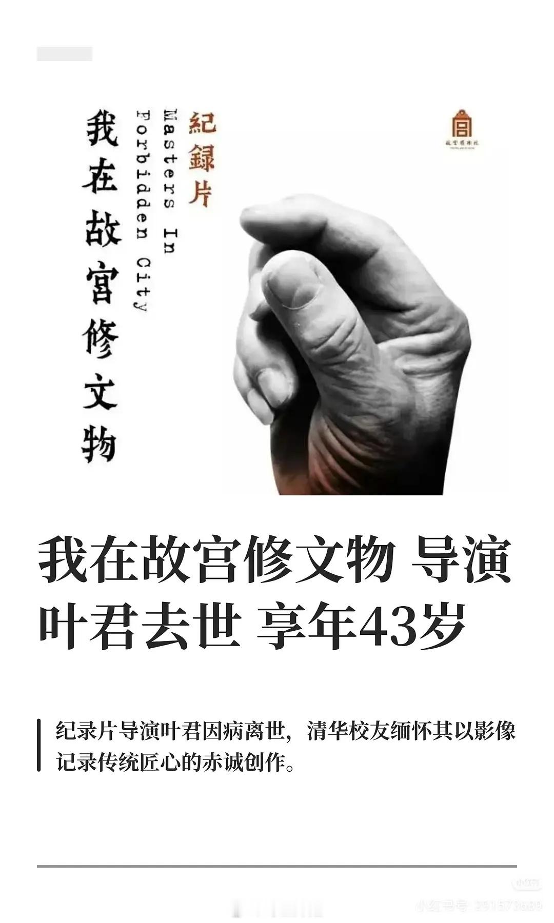 《我在故宫修文物》导演叶君去世，享年43岁 