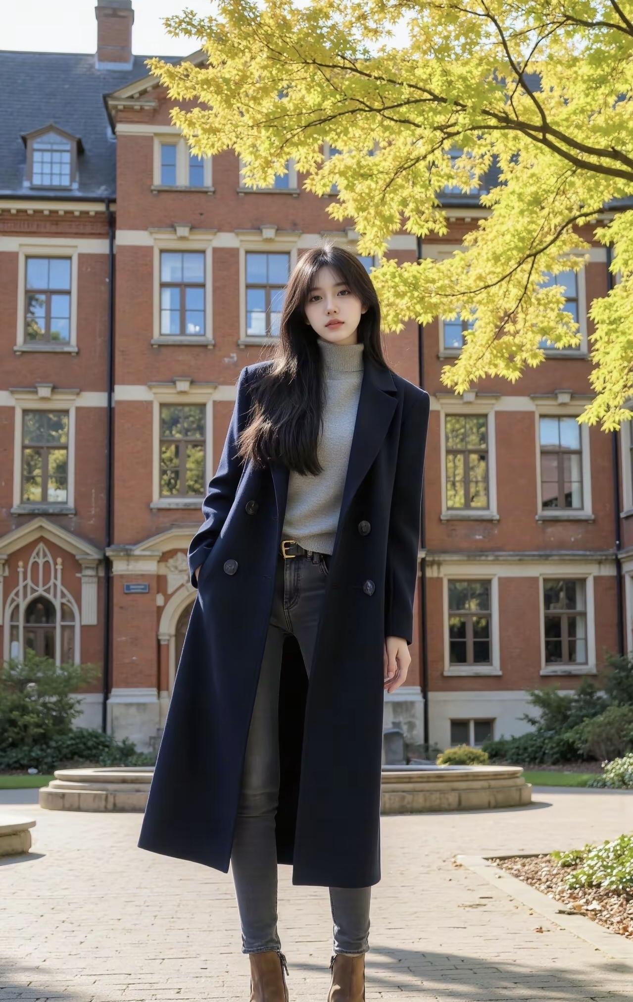 砖红建筑浸在秋阳里，银杏叶漏下的光斑，刚好落在藏青色大衣的褶皱上。高领衫裹着软乎