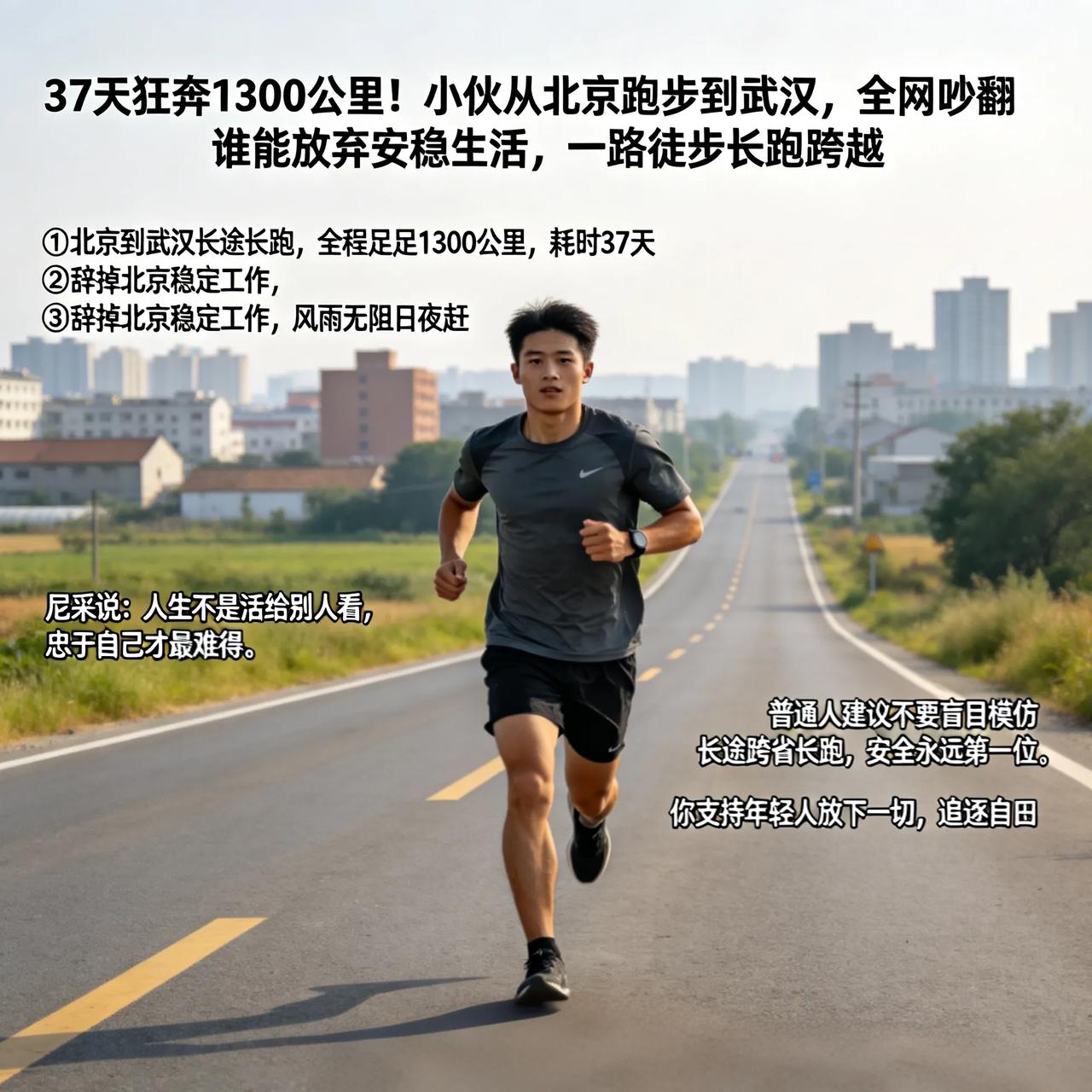 37天狂奔1300公里！小伙从北京跑步到武汉，全网吵翻
 
谁能放弃安稳生活，一