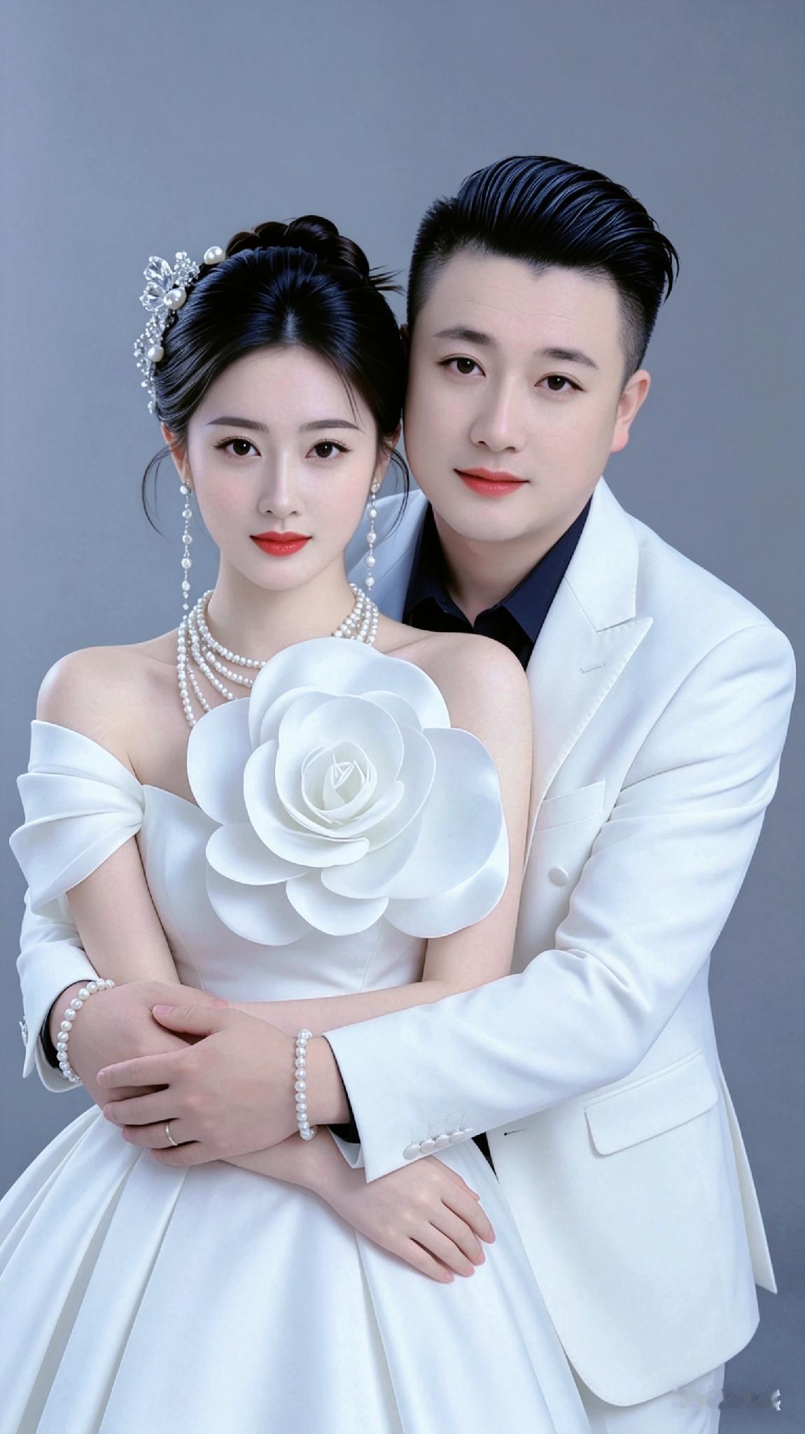 一对新人穿着婚纱礼服，站在一起拍照。