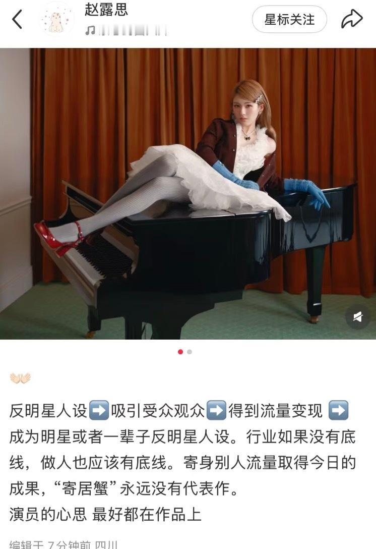 赵露思发文说，说某人是“寄居蟹”永远没有代表作。 ​​​