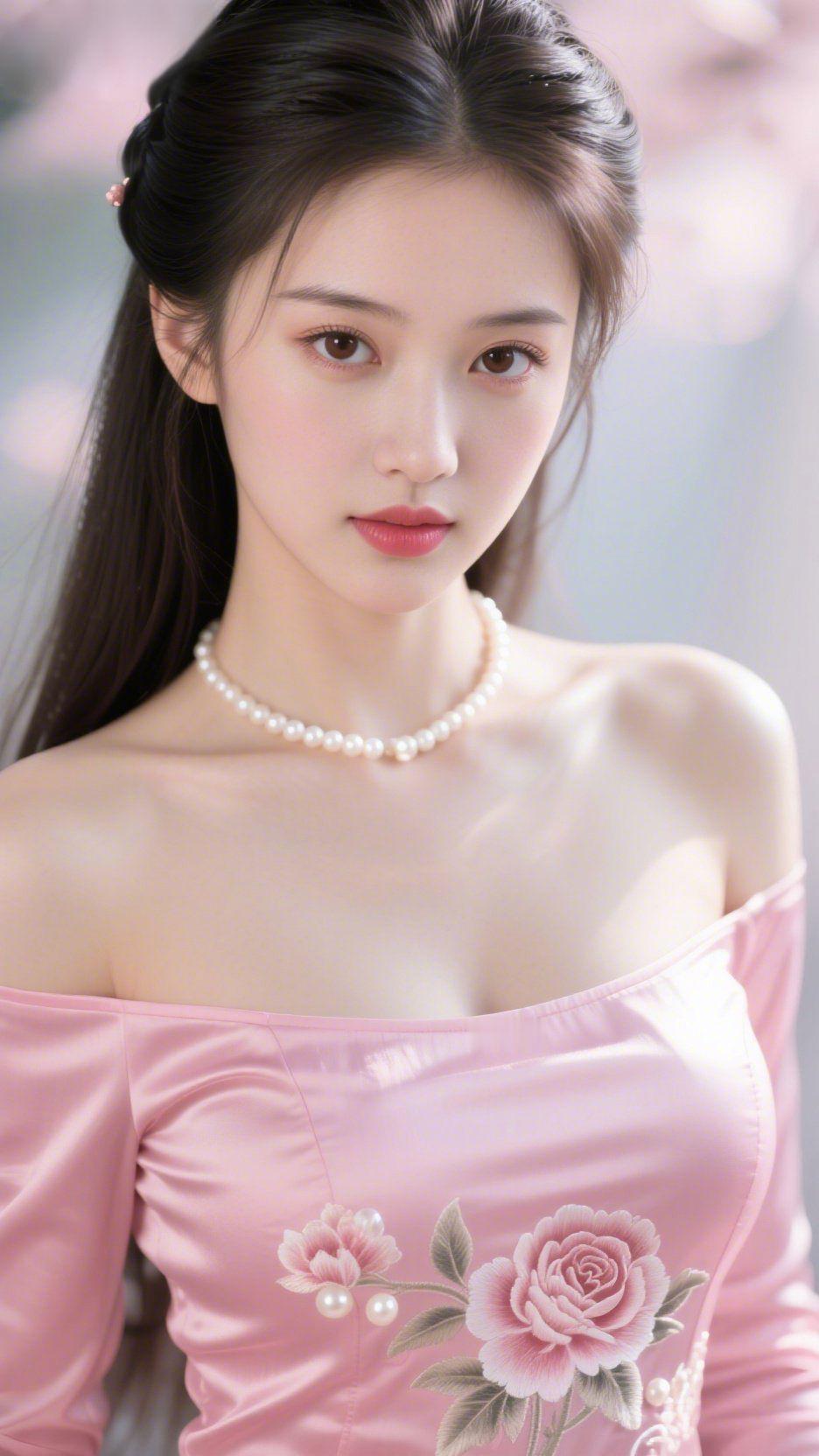 《粉裙载春柔》
 
浅粉裙衫裹着润软的光，珍珠颈链轻垂肩头，像落了一捧细柔的云。