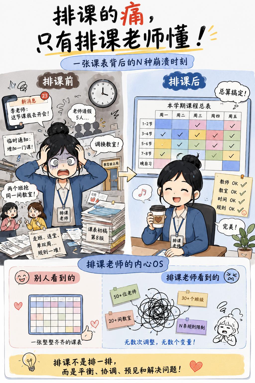每年开学前一周，各种临时问题扎堆找上门：老师临时要开会、功能教室被占用、上级通知