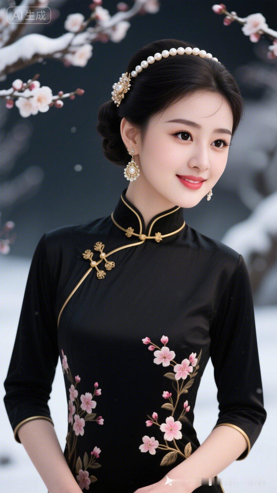 优雅黑裙，粉色花饰，尽显东方古典美！