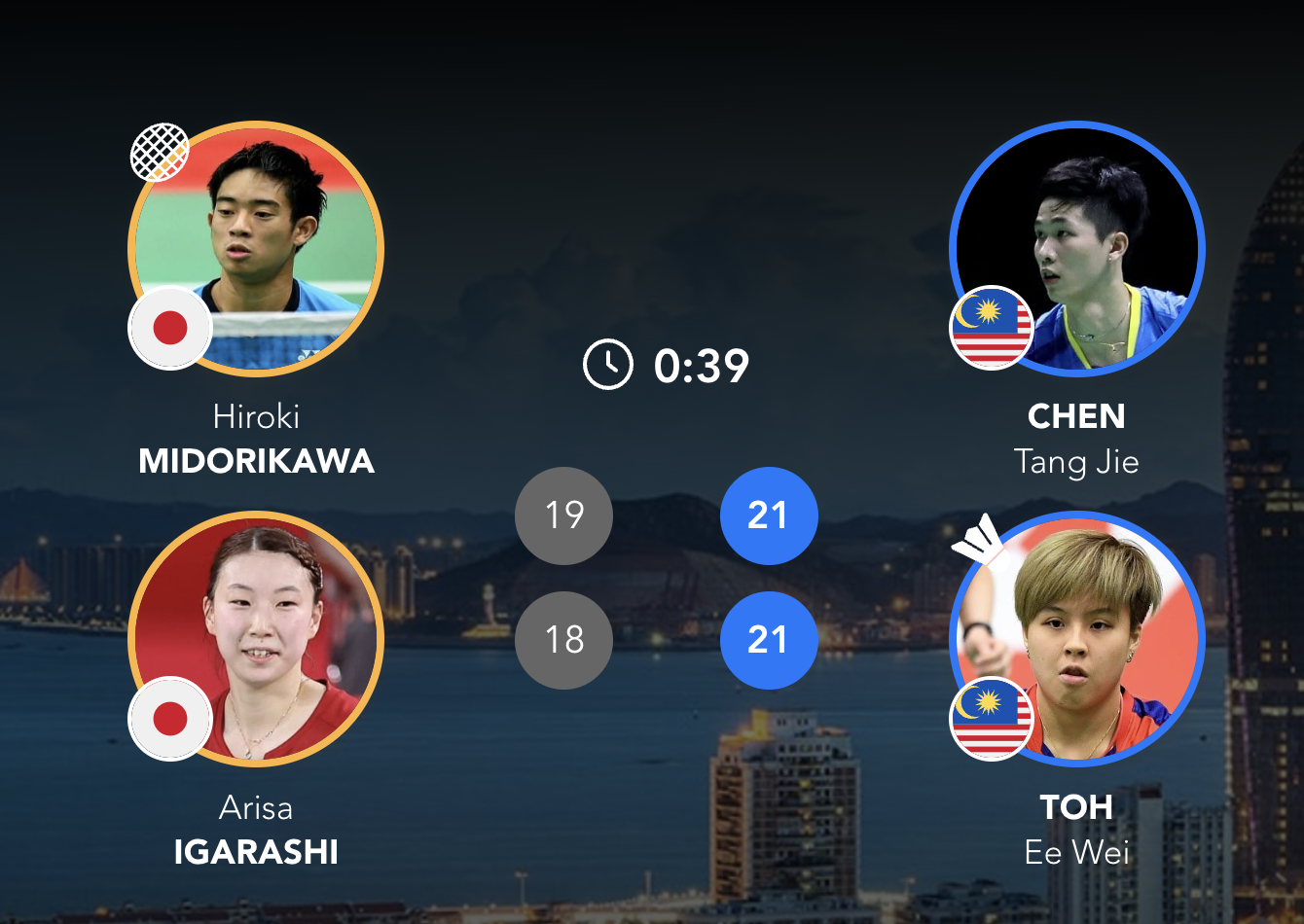 1号场地上半场：【日本🇯🇵 0-1 🇲🇾马来西亚】混双：绿川大辉/五十岚