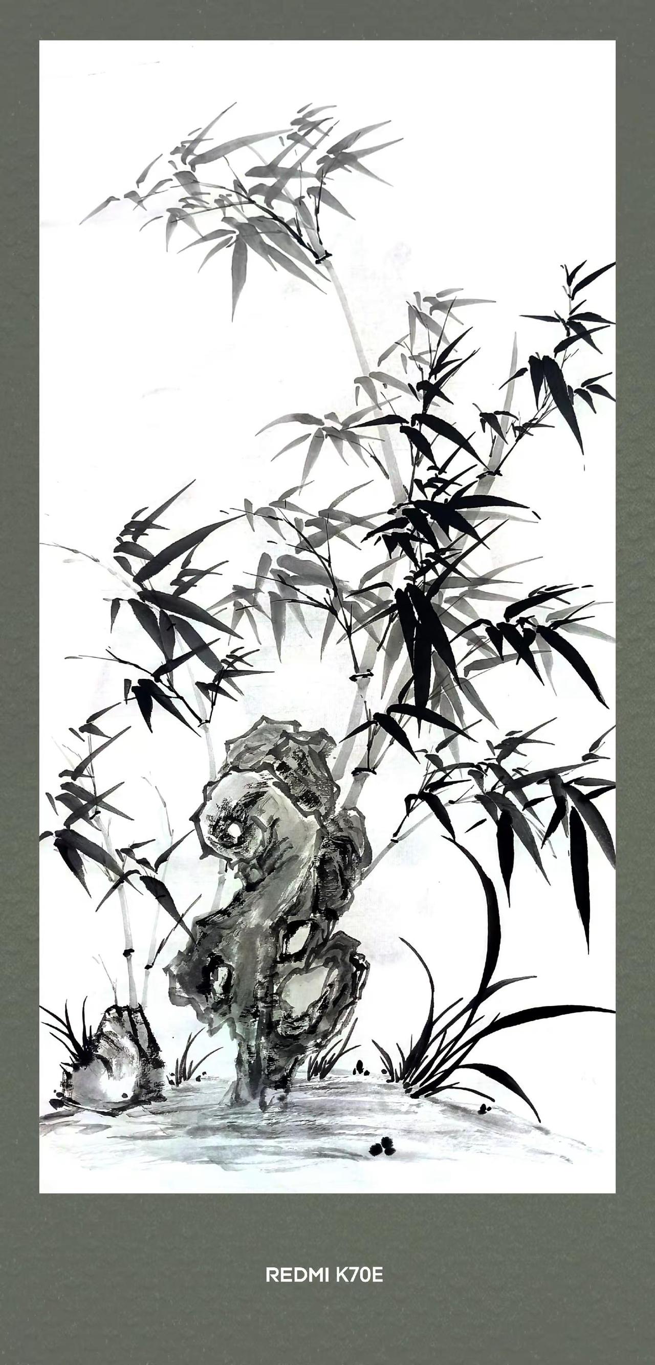 假山一角。国画竹 墨竹 竹子