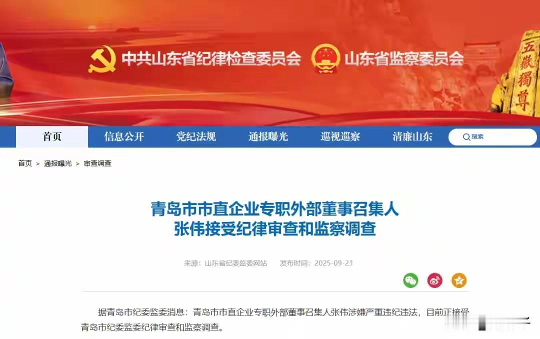 青岛又有一人被查。青岛市市直企业专职外部董事召集人张伟接受纪律审查和监察调查。