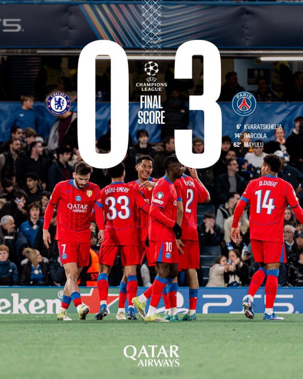 切尔西0比3巴黎圣日耳曼巴黎圣日耳曼 比赛一开始很快就领先，今晚的比赛晋级几乎没