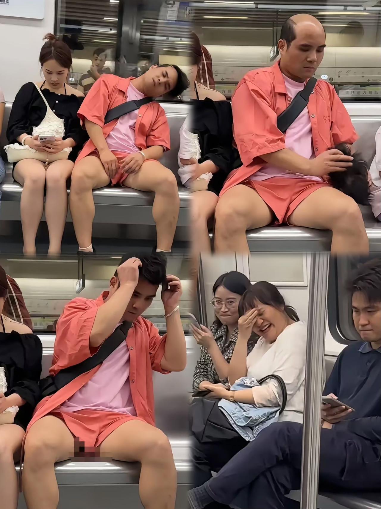 笑喷！今早地铁上撞见个大场面，对面穿粉衣服的帅哥靠在女友身边打盹，一头假发戴得妥