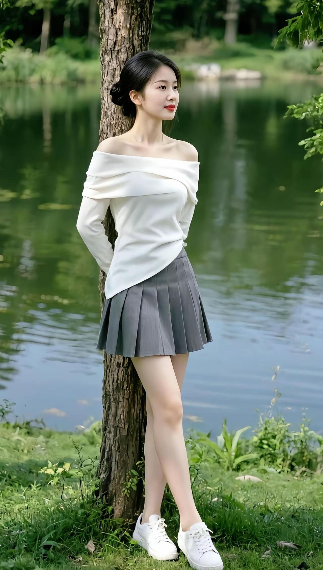湖畔白裙少女，清新自然，静享美好时光。