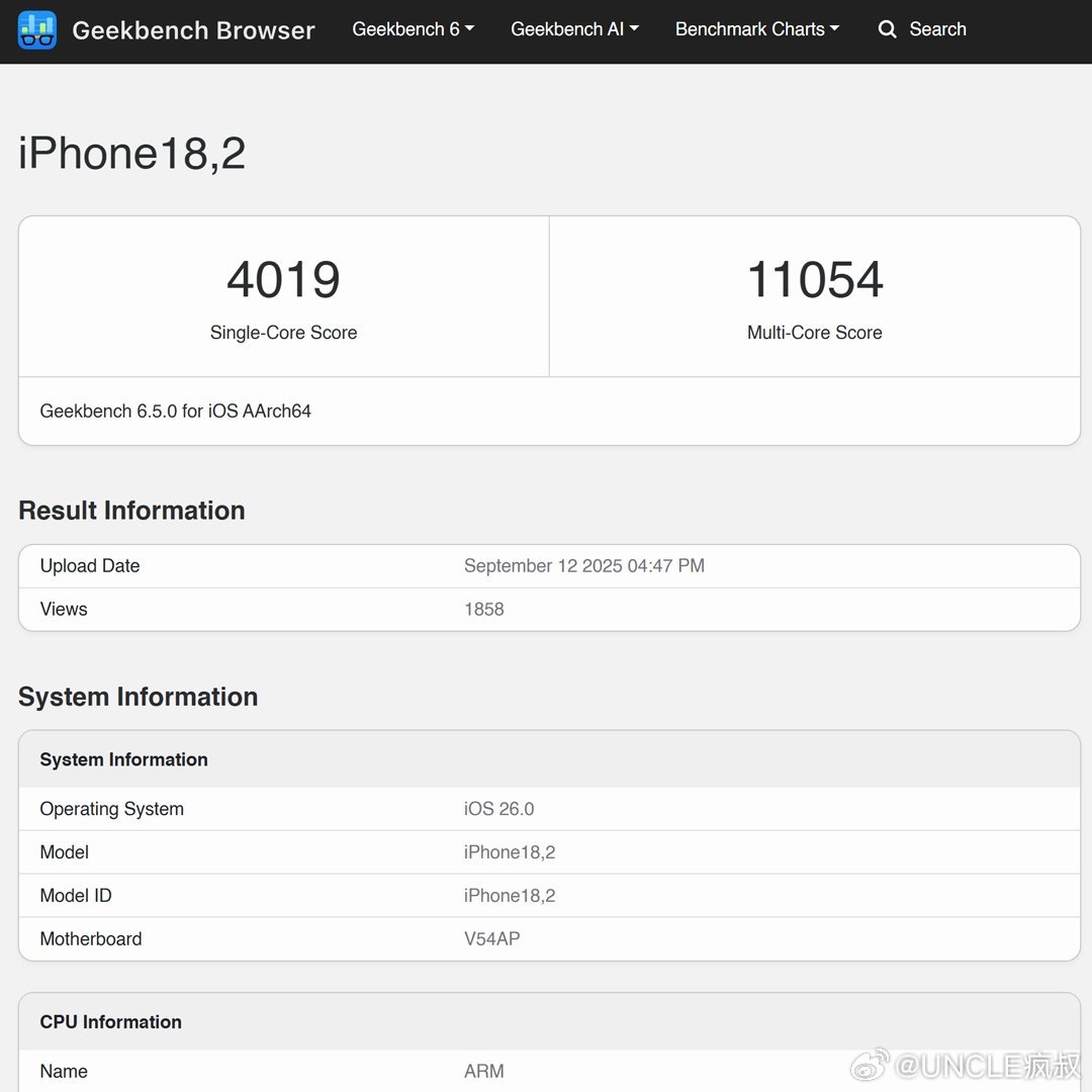 Geekbench跑分库上出现了目前A19 Pro的跑分新高，直接刷新了整个苹果