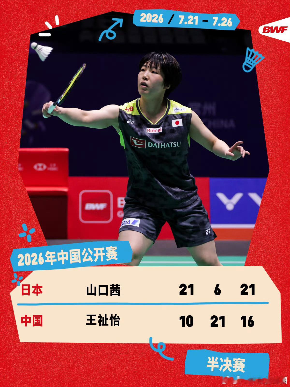 王祉怡1比2山口茜2026年中国羽毛球公开赛女单半决赛，王祉怡苦战三局1-2不敌