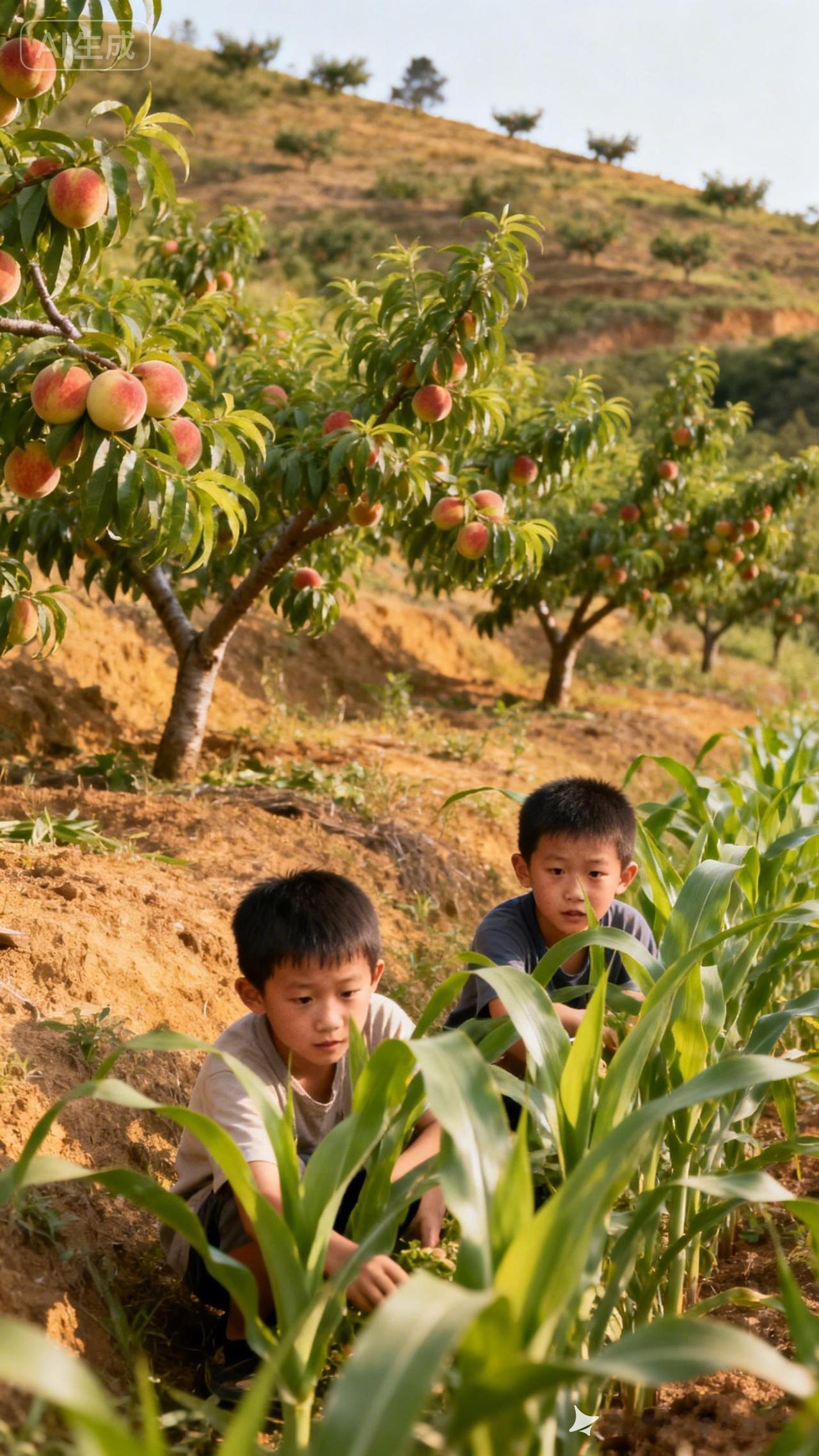 山坡上的水蜜桃树缀满红熟果实，两个小男孩猫腰藏在旁边的庄稼地里，枝叶刚好遮住身影