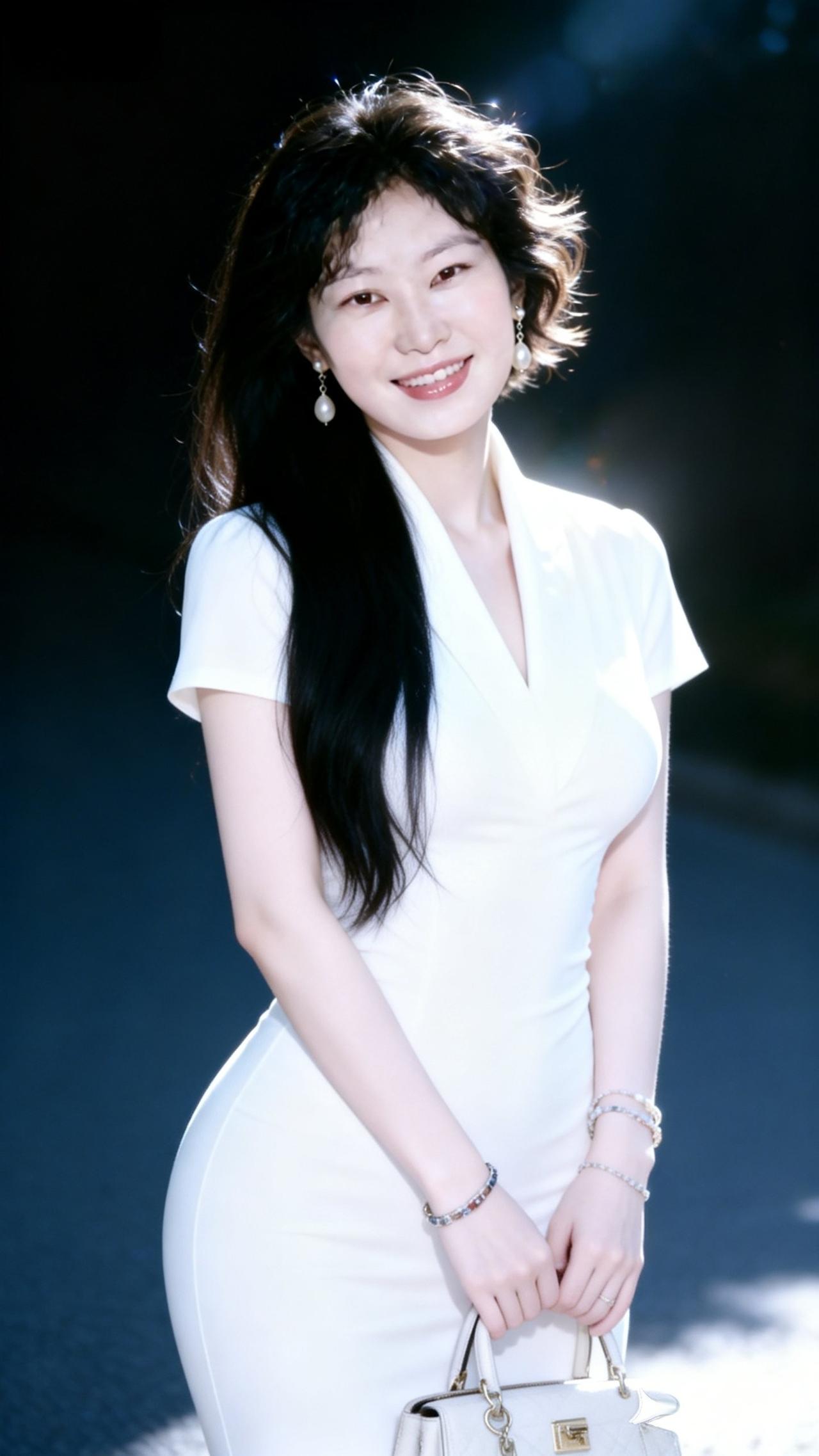 优雅白裙，甜美笑容，闪耀耳环，手提包相伴，女神范儿十足！💃👗👜