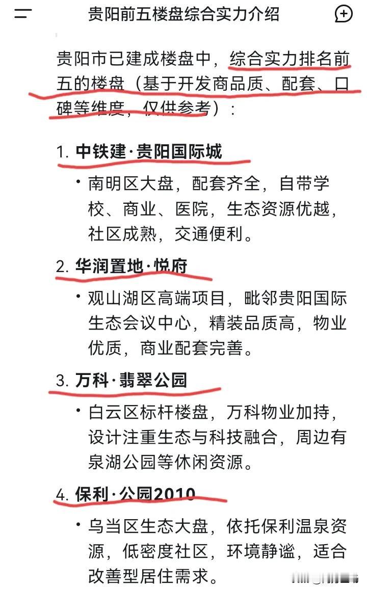 贵阳已经建成的楼盘，综合实力排名前五的是哪些？deepseek推荐这5个。
 （