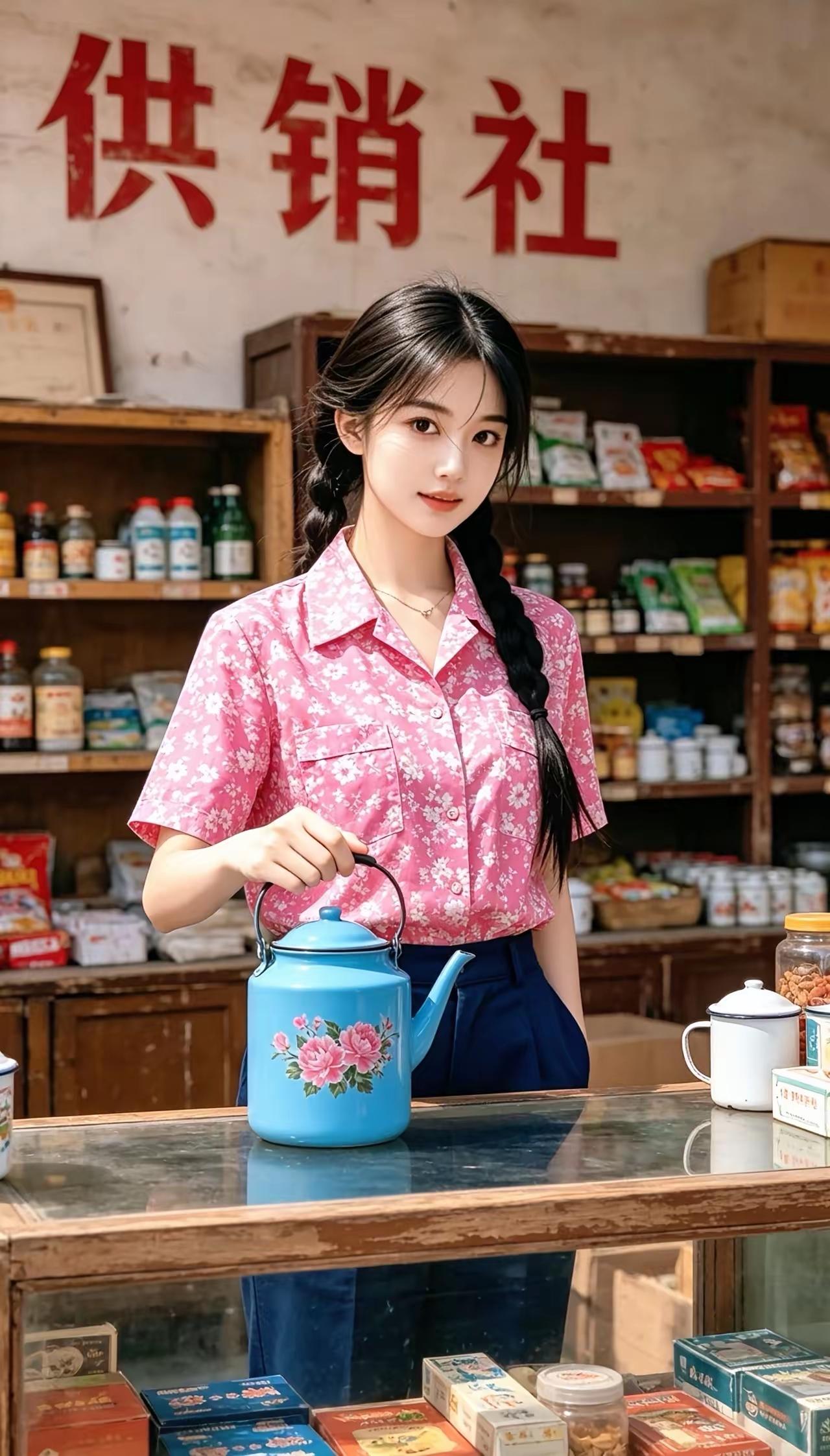 曾经供销社，
美女在卖货。
朴实颜值高，
昔日好工作。