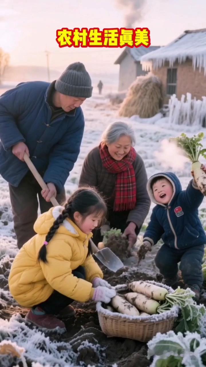 一家人在雪地里开心地挖菜。
