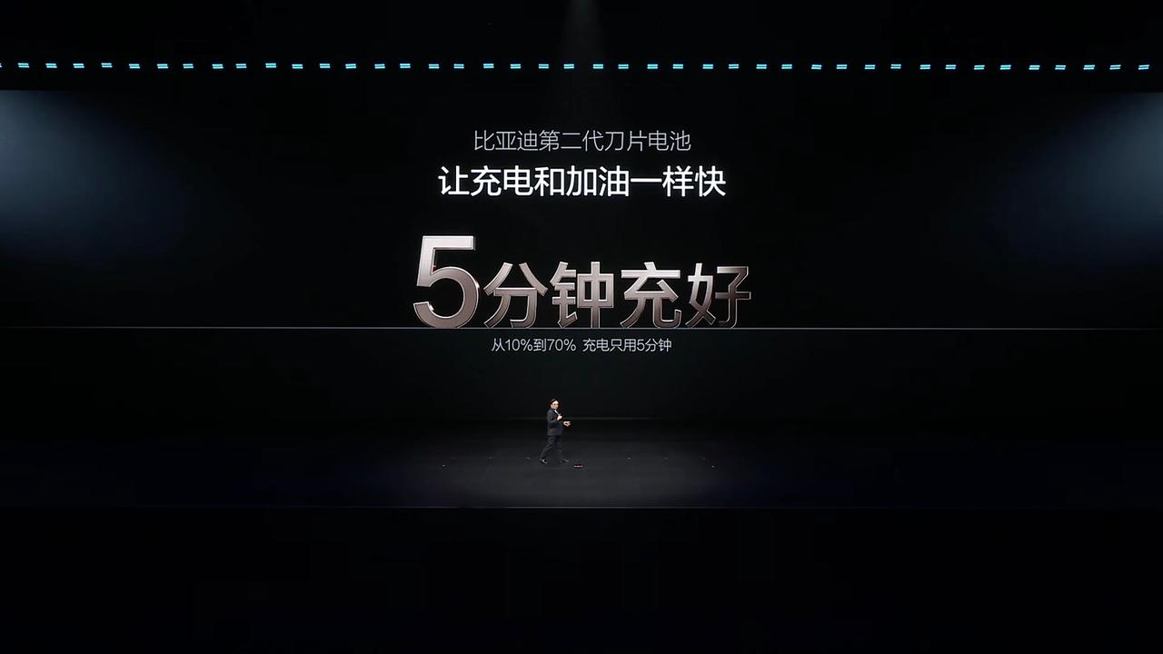 比亚迪发布第二代刀片电池，slogan是“5 分钟充好，9 分钟充饱”，这下充电