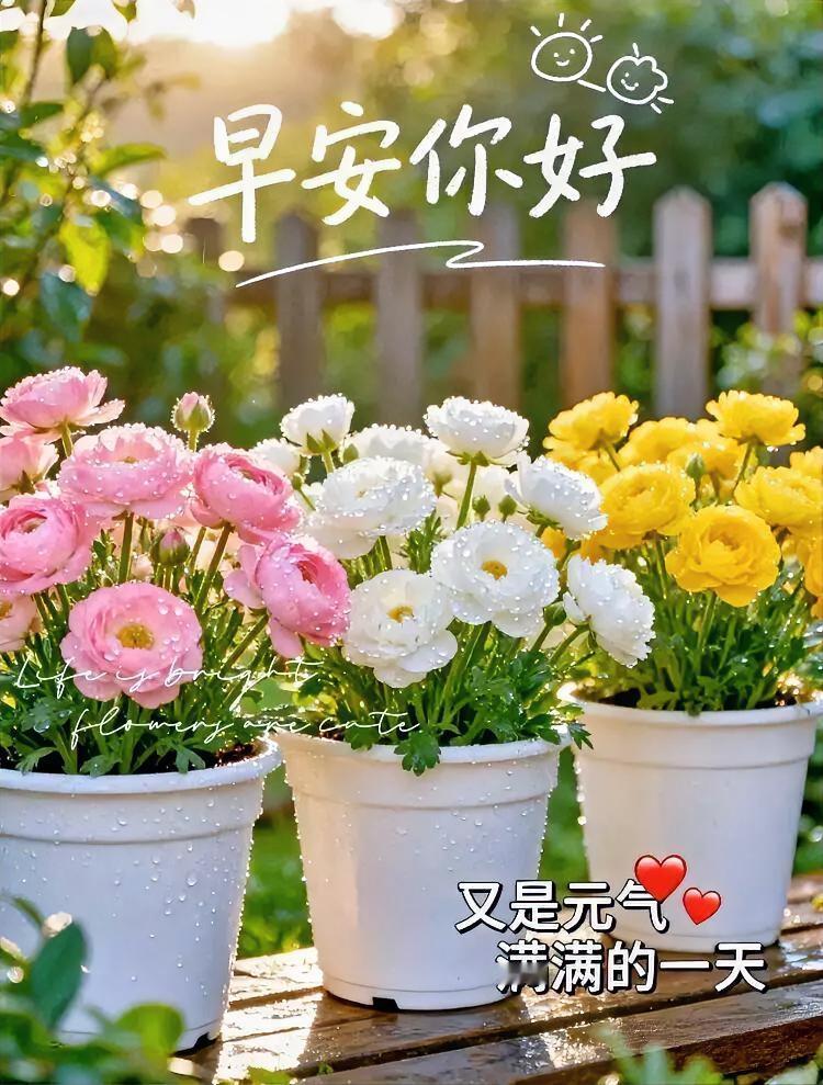 早安你好，粉白黄三色花儿冒泡，露珠晶莹，又是元气满满的一天！