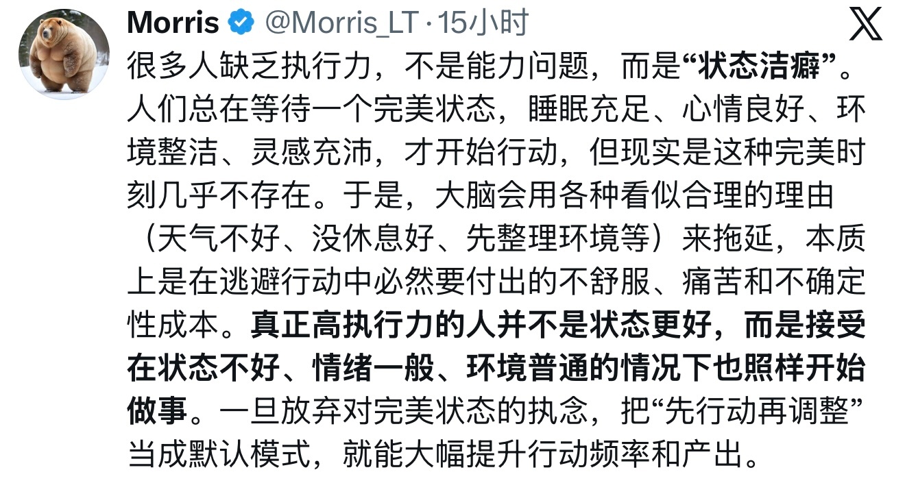 完美状态是大脑的骗局，行动才是破局的唯一钥匙。 