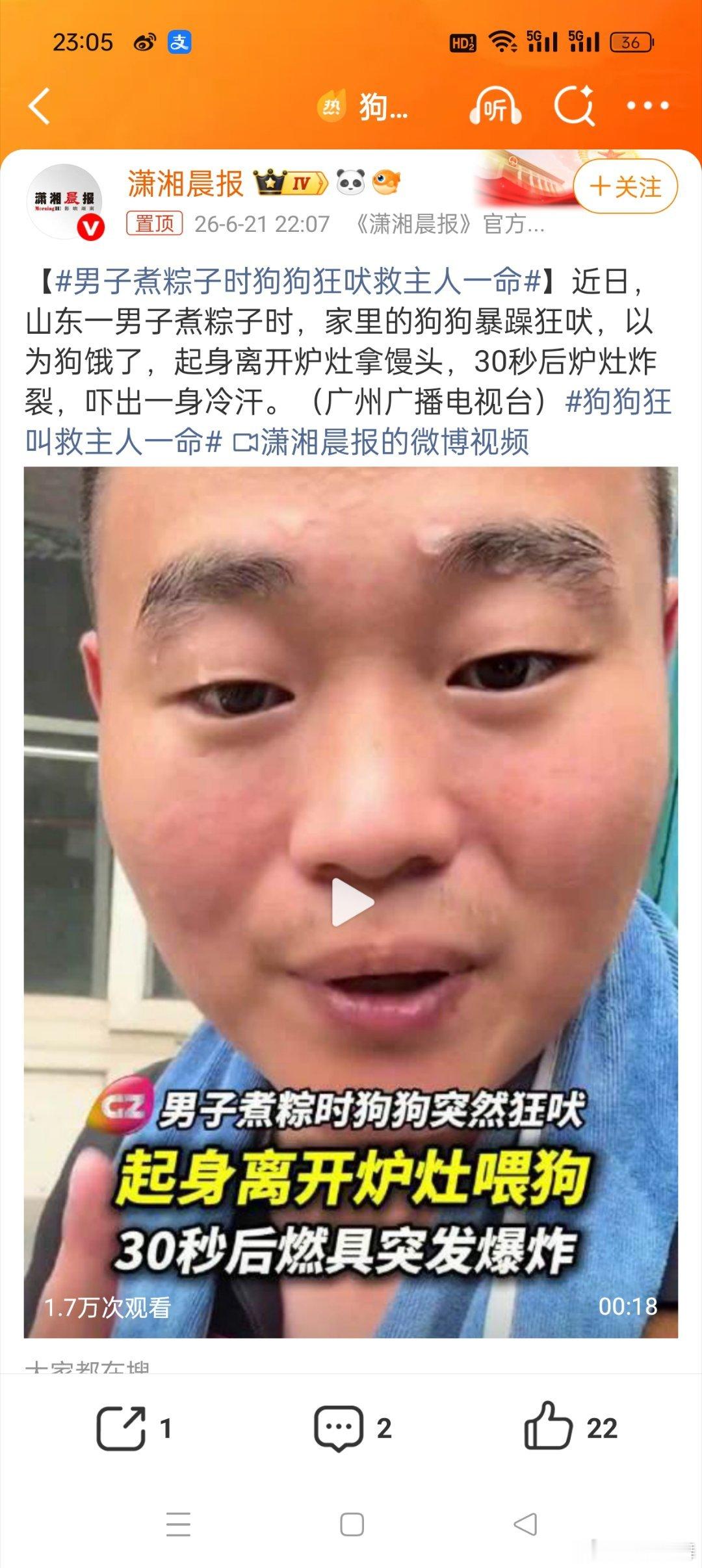 男子煮粽子时狗狗狂吠救主人一命只能说狗狗是人类最好的朋友，关键时候狗狗是真的能够