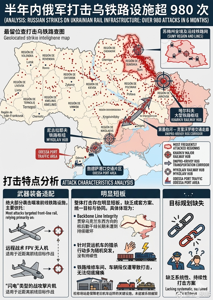 半年内俄军打击乌铁路设施超980次公开统计数据显示，俄军半年来针对乌克兰铁路基础