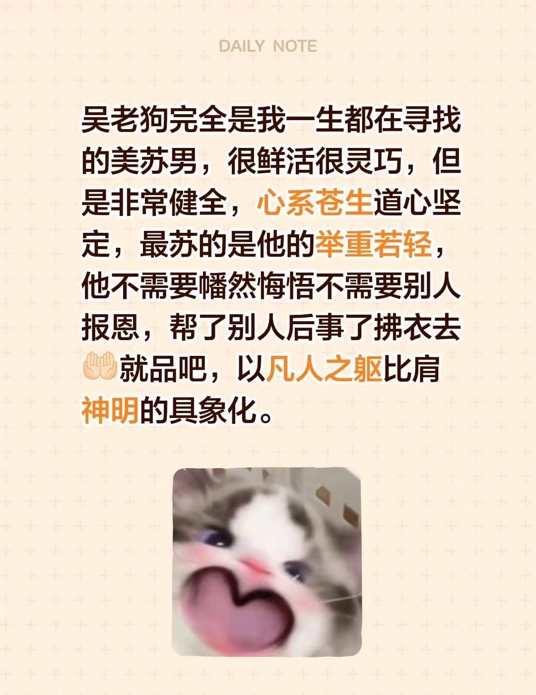 爱上吴老狗易如反掌。吴老狗完全是我一生都在寻找的美苏男，很鲜活很灵巧，但是非常健
