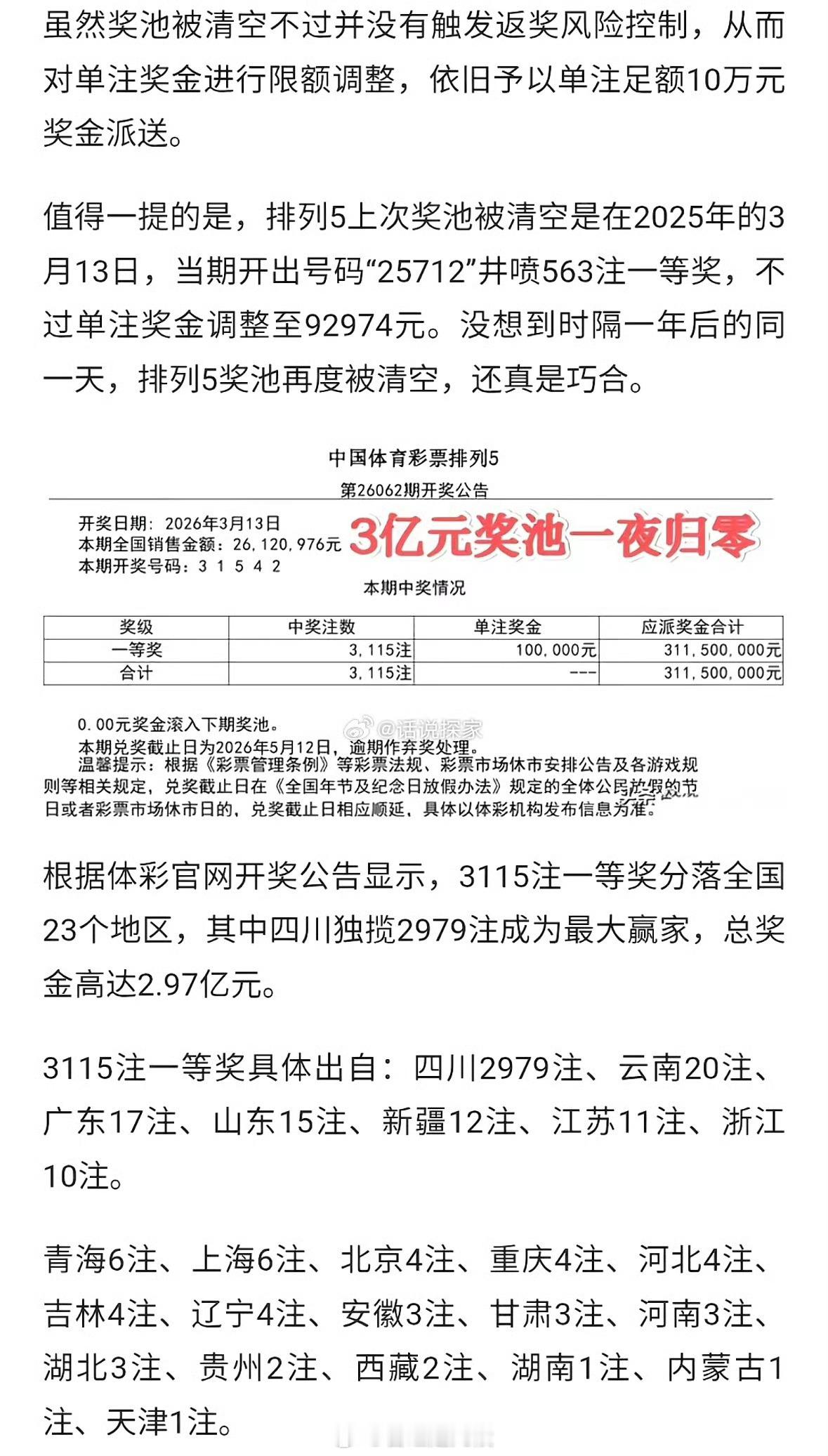排列五 这比太阳撞地球的概率还低吧“体彩的排列五，昨晚开奖直接把3亿奖池给清空归
