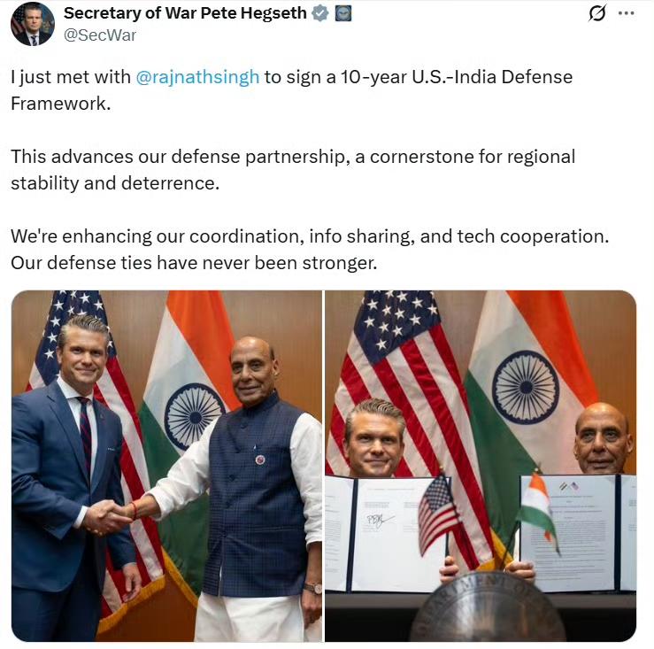 美战争部长海格塞斯：

我刚刚与印度防长拉杰纳特·辛格会面，签署了一项为期10年