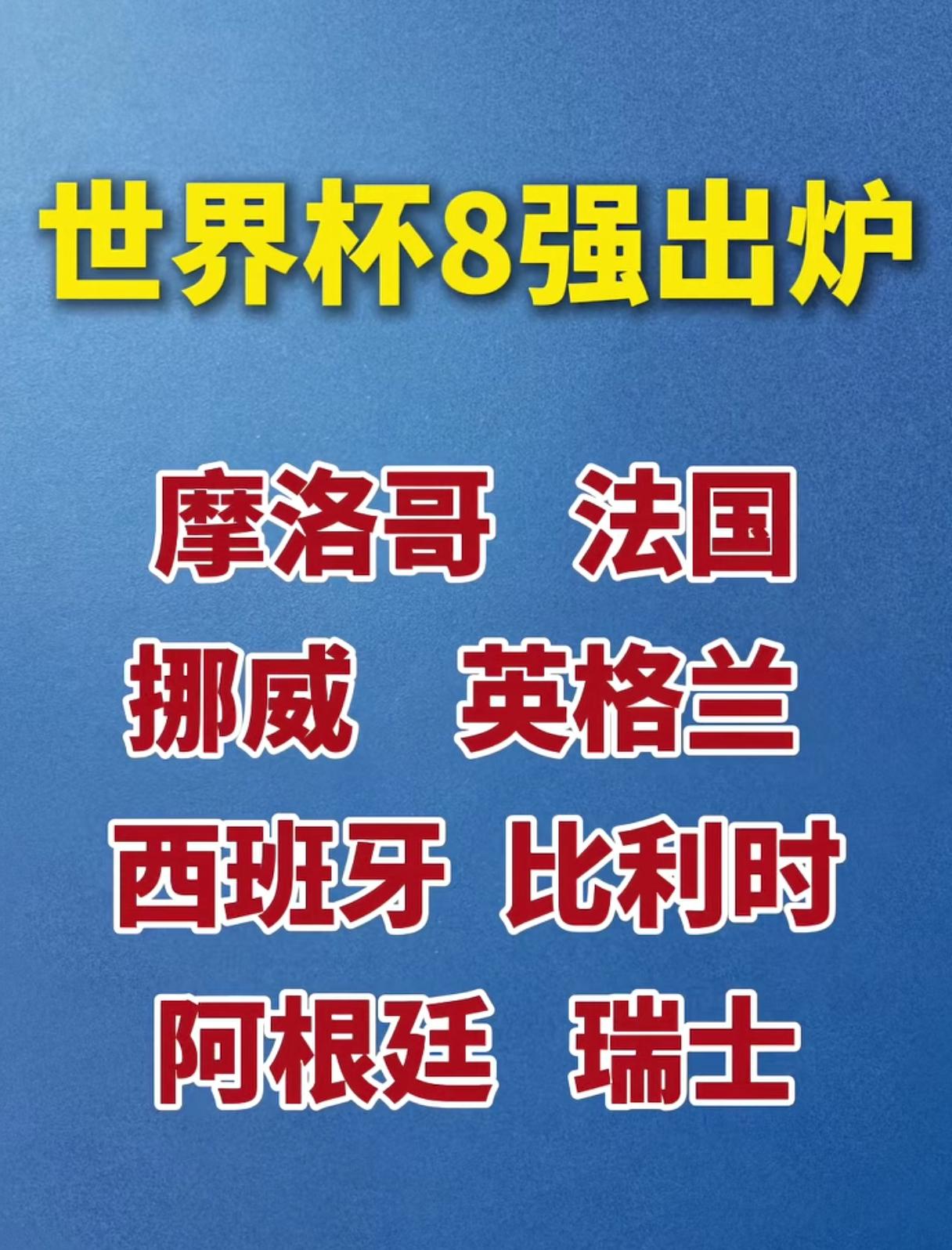 世界杯8强出炉，欧洲国家6个，南美洲1个，非洲1个。北美洲和亚洲全军覆没，其中亚