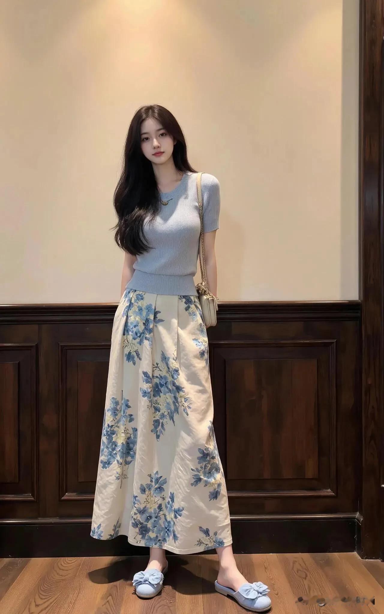 就是喜欢这种蓝色系搭配，给人一种安静中，带着温婉贤淑感觉。

上身选择收腰款式的