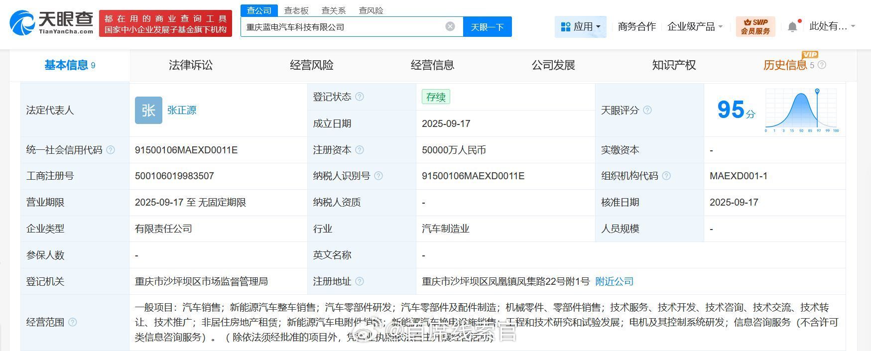 天眼查工商信息显示，重庆蓝电汽车科技有限公司成立。该公司由赛力斯（持股 35%）