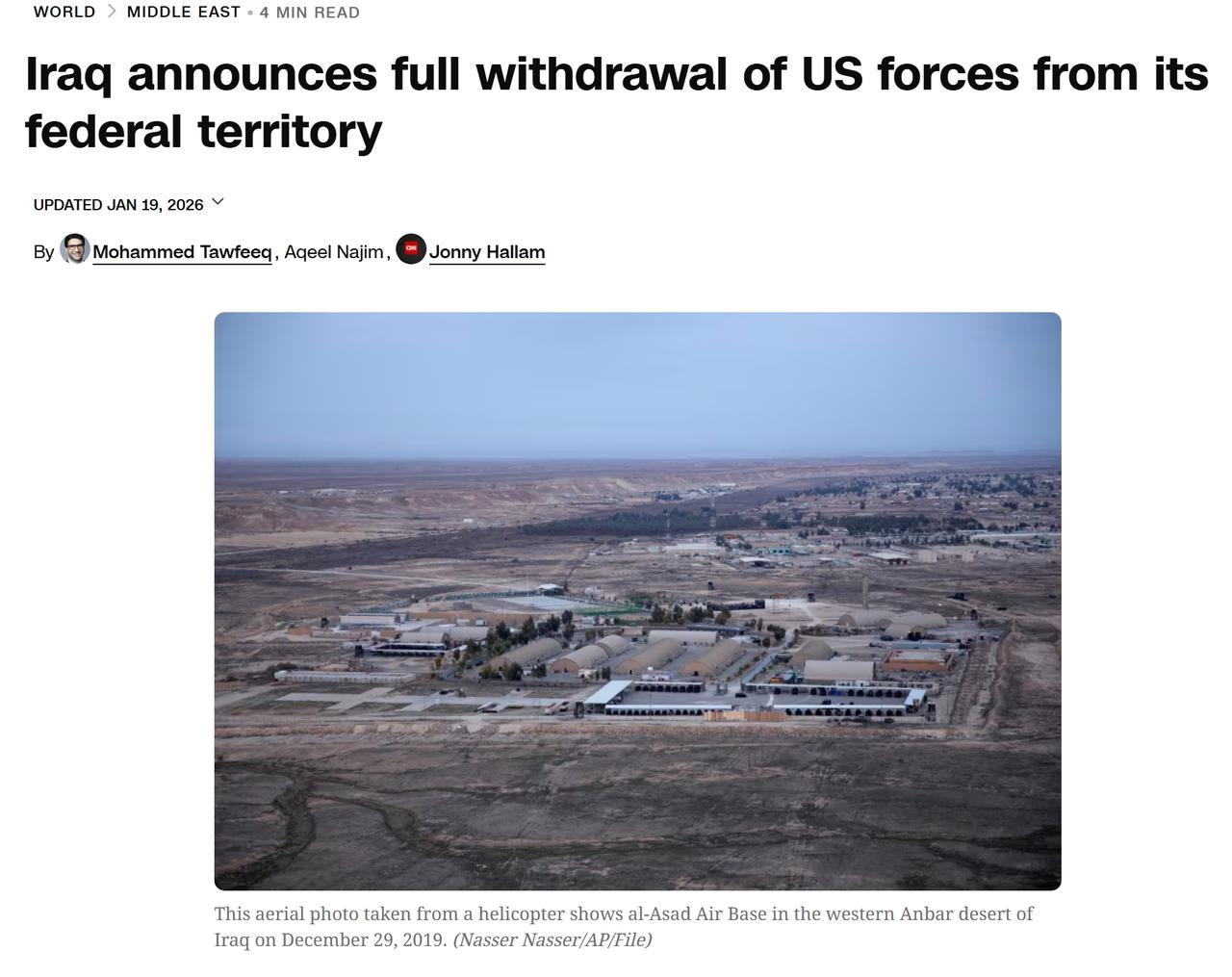 美军全面撤出伊拉克
伊拉克政府表示，美军已完成从该国联邦领土内的军事设施“全面撤